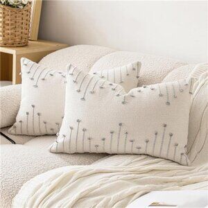 Boho Throw Pillow Covers 12x20 Set of 2 Neutral Decorative Textured Cushion Case